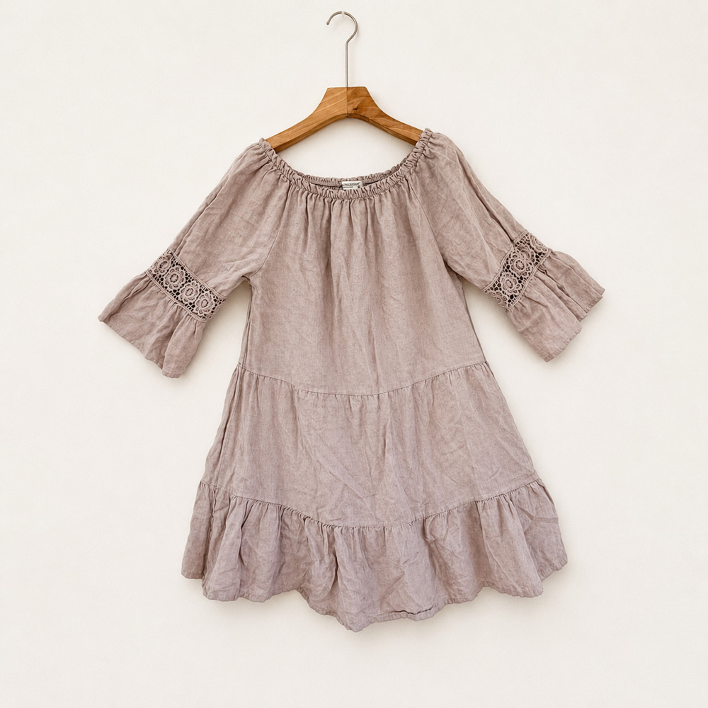 Terzo Millennio Taupe Linen Crochet Lace Tiered Boho Mini Tunic Dress M Resort